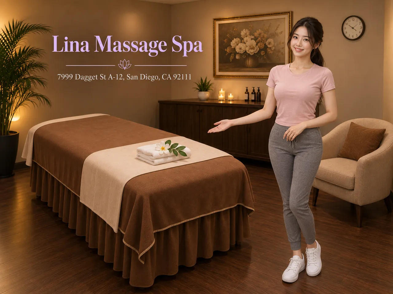 Friendly therapist standing by a fresh massage table at Lina Massage Spa in San Diego, CA