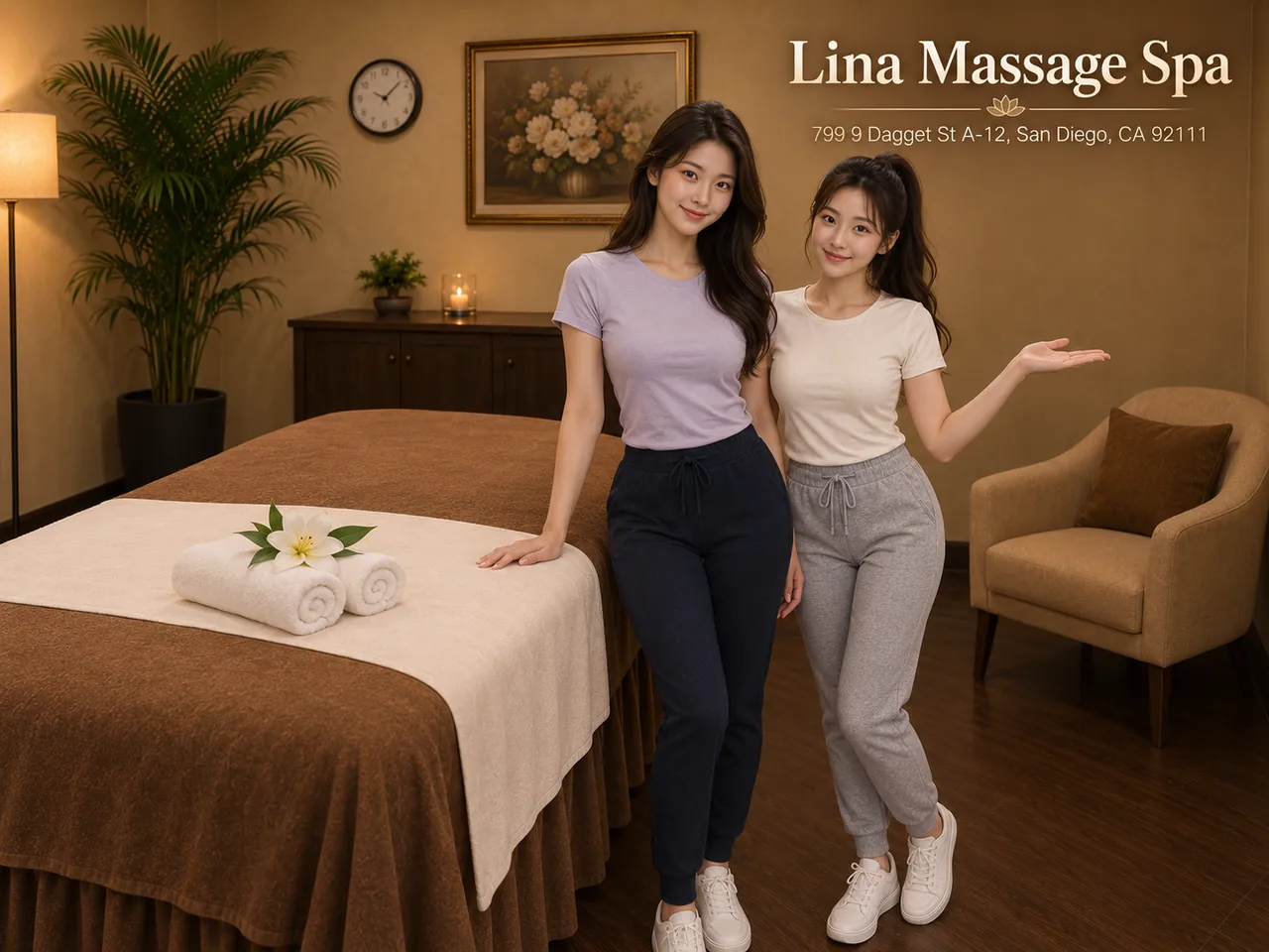 Two friendly therapists in a clean private massage room at Lina Massage Spa in San Diego, CA