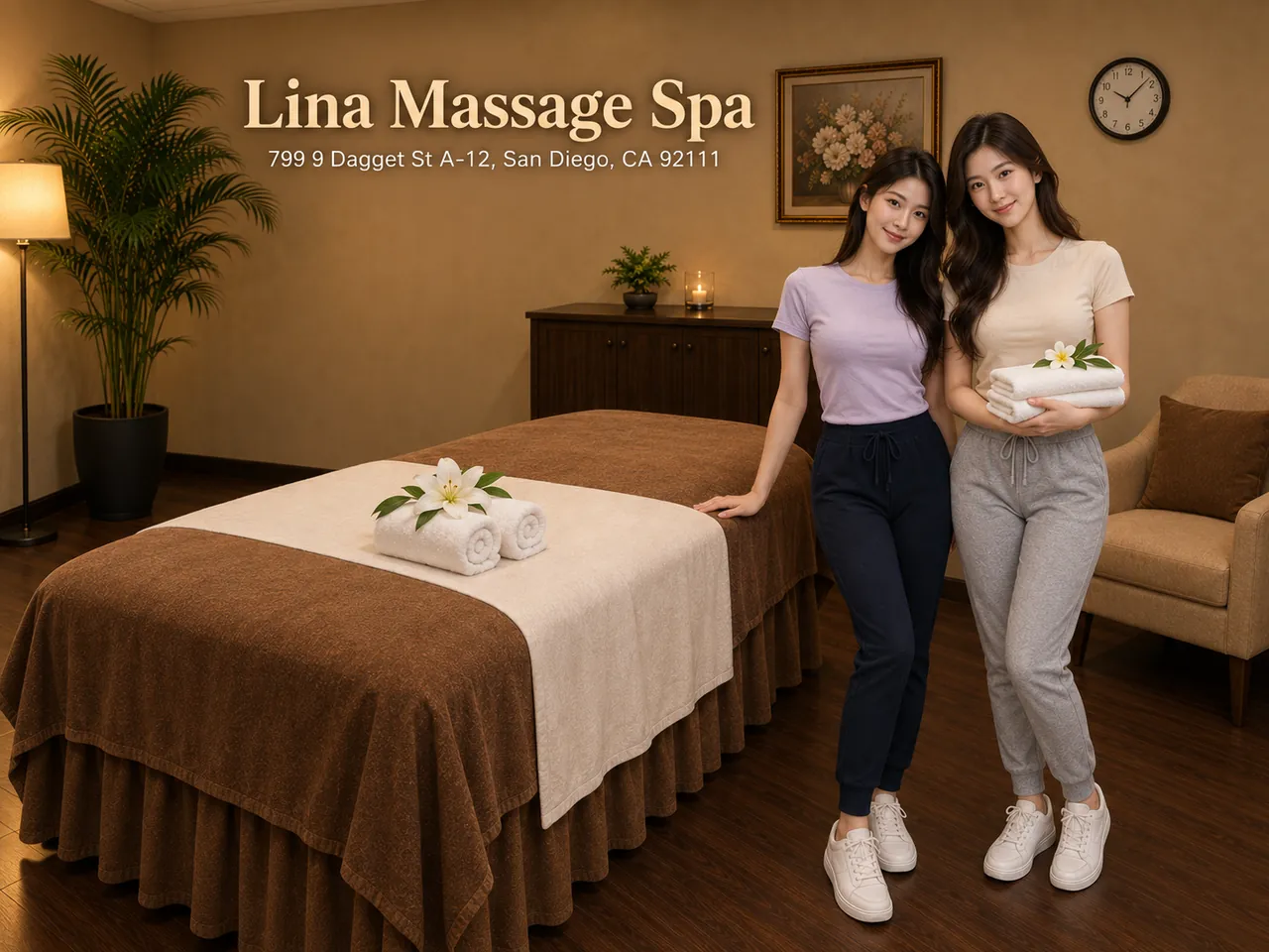 Two friendly therapists beside a made-up massage table at Lina Massage Spa in San Diego, CA